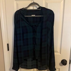 Silky J Crew Dark Blue & Forest Green Plaid Blouse with Buttons & Tie Details